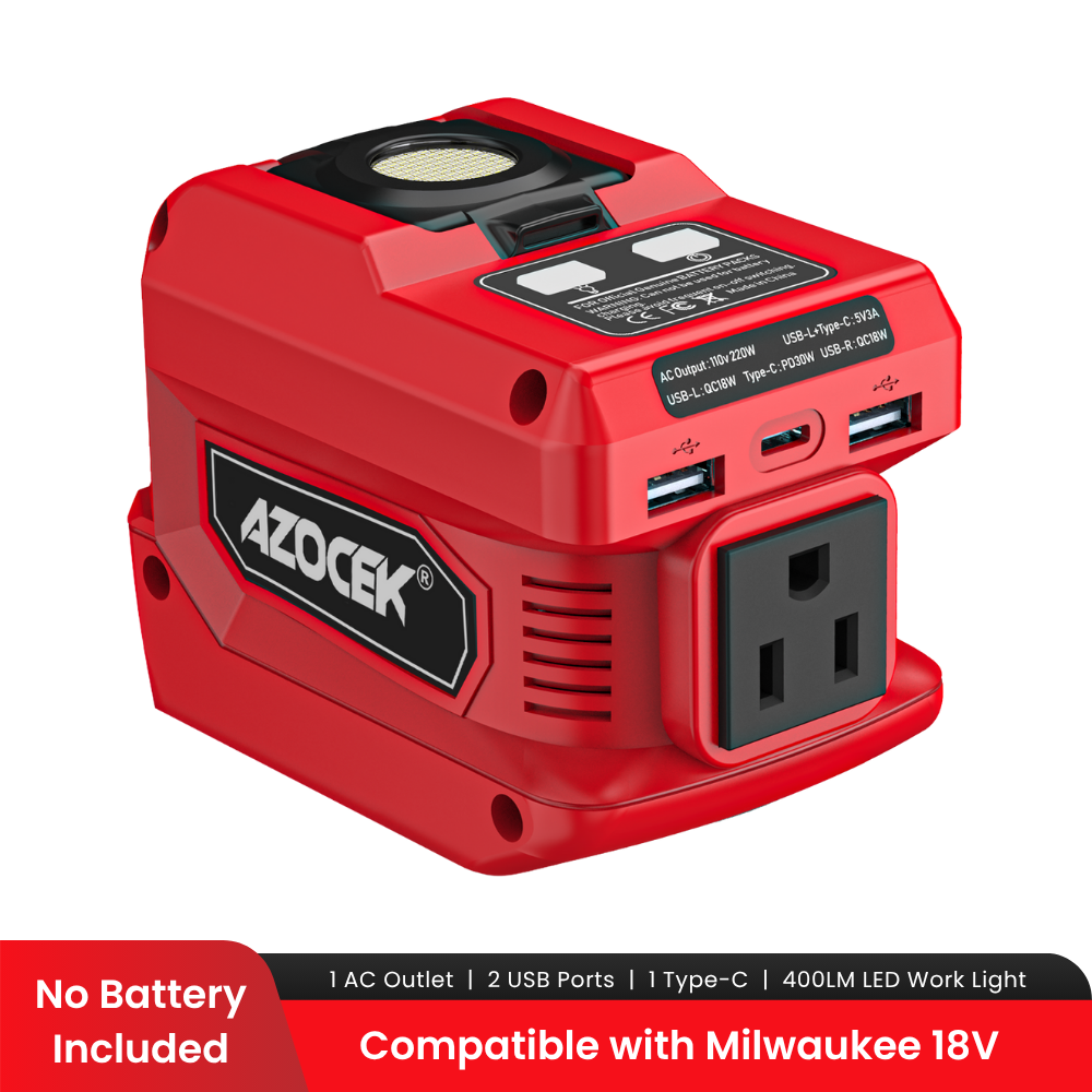 220W Inverter for Milwaukee 18V, with AC/USB/Type-C and 400LM LED Light