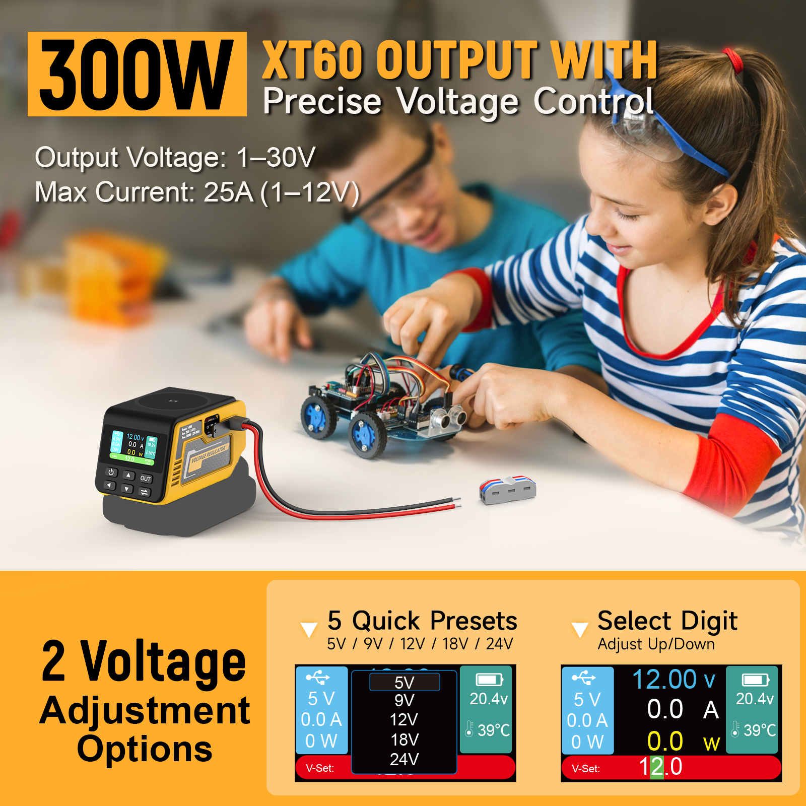 Adjustable Regulator for DeWalt 18V – 1–30V, XT60, PD USB-C, Wireless