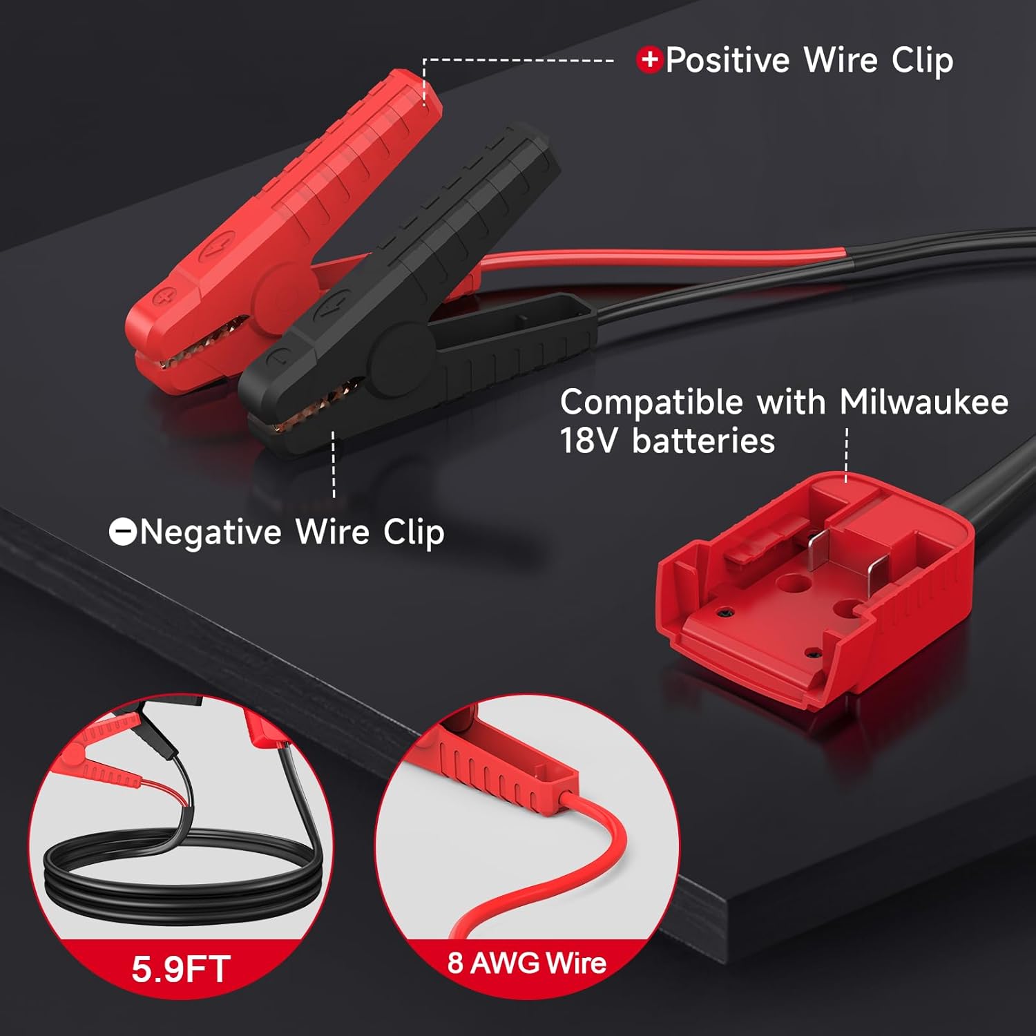 Jumper Cable Clamps for Milwaukee 18V Battery – 8AWG 5.9FT Automotive Booster