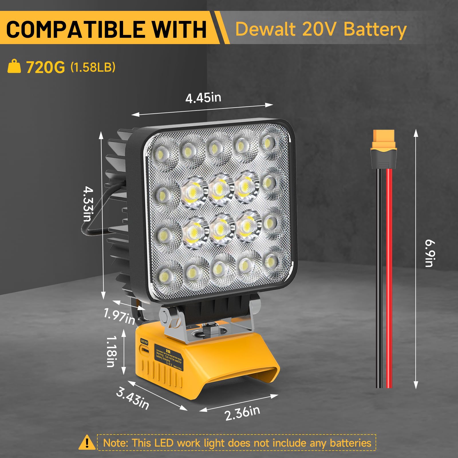 60W 6000LM Work Light – USB-C & USB-A, for DeWalt 20V