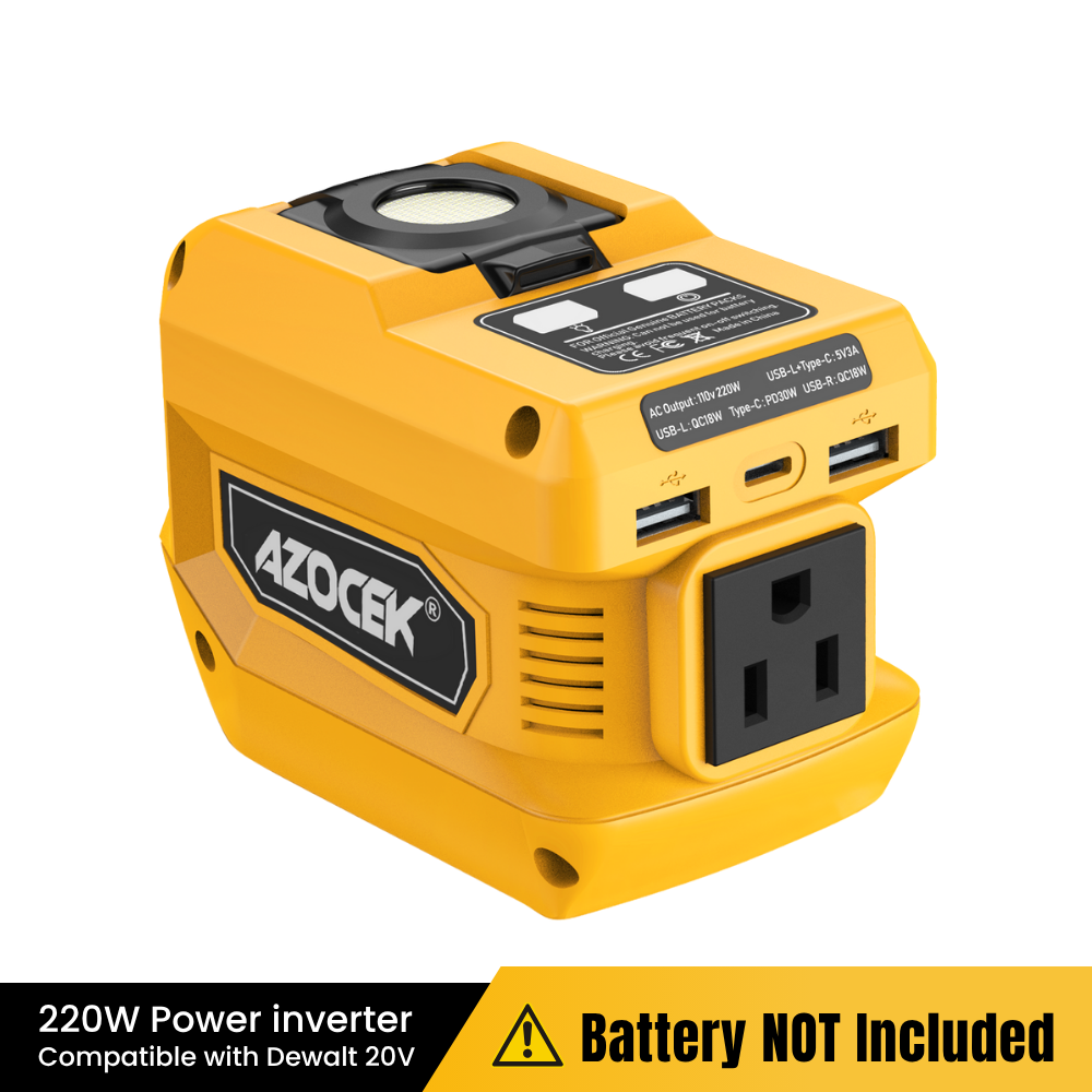 220W Inverter for Dewalt 20V, with AC/USB/Type-C and 400LM LED Light