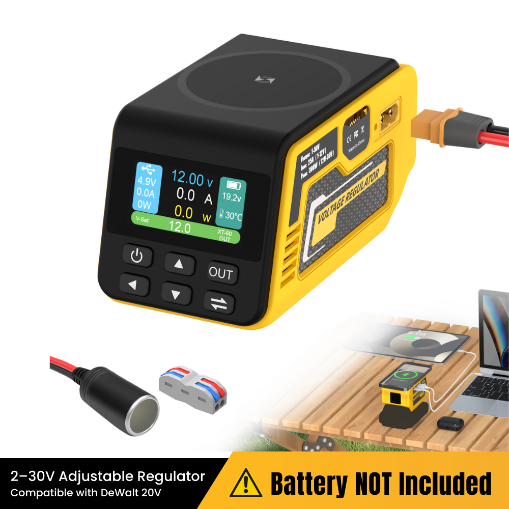 Adjustable Regulator for DeWalt 18V – 1–30V, XT60, PD USB-C, Wireless