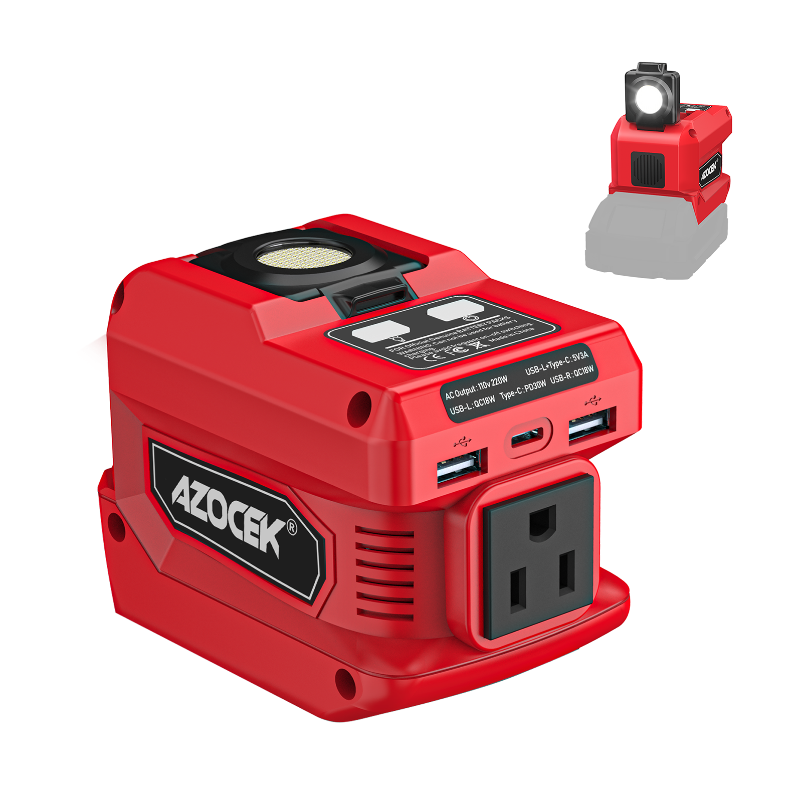 220W Inverter for Milwaukee 18V, with AC/USB/Type-C and 400LM LED Light